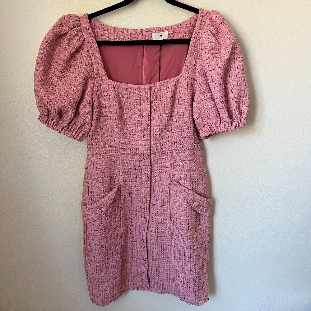 NWT LPA Aurelie Dress puff sleeve pink tweed dress